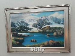 Vintage Old Antique Beautiful Oil Painting Alaska mountain Lake Glacier Tundra
