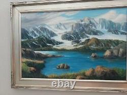 Vintage Old Antique Beautiful Oil Painting Alaska mountain Lake Glacier Tundra