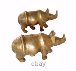 Vintage Old Antique Brass Fine Handcrafted Beautiful Rhino Pair Figure / Statue