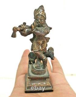 Vintage Old Antique Copper Lord Krishna Fine Silver & Brass Work Figure / Statue