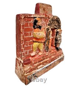 Vintage Old Antique Hindu God Krishna In Jail Lacquer Painted Terracotta Statue