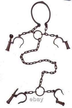 Vintage Old Antique Iron Handcrafted Neck, Leg & Hand Rare Handcuffs Lock & Key