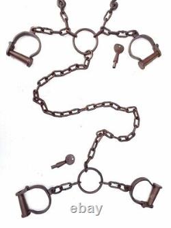 Vintage Old Antique Iron Handcrafted Neck, Leg & Hand Rare Handcuffs Lock & Key