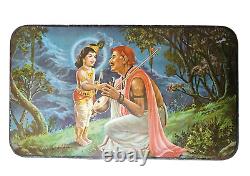 Vintage Old Antique Iron Rare God Krishna Sudama Meeting Print Litho. Tin Box