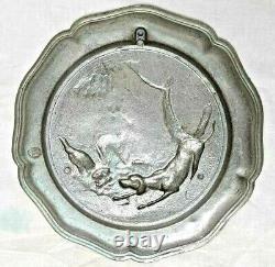 Vintage Old Antique Lead Metal Dog Bird Figure Embossed Home Decor Plate / Tray