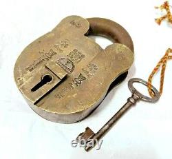 Vintage Old Antique Rare Handmade Crown Seal Engraved Thief Proof Brass Lock Key