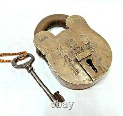 Vintage Old Antique Rare Handmade Crown Seal Engraved Thief Proof Brass Lock Key