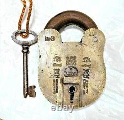 Vintage Old Antique Rare Handmade Crown Seal Engraved Thief Proof Brass Lock Key