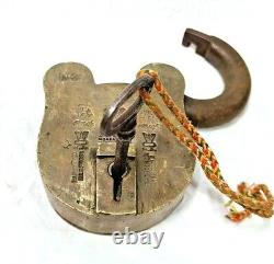 Vintage Old Antique Rare Handmade Crown Seal Engraved Thief Proof Brass Lock Key