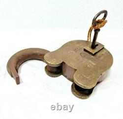 Vintage Old Antique Rare Handmade Crown Seal Engraved Thief Proof Brass Lock Key