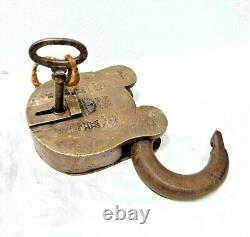 Vintage Old Antique Rare Handmade Crown Seal Engraved Thief Proof Brass Lock Key