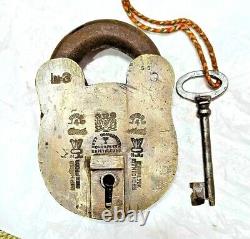 Vintage Old Antique Rare Handmade Crown Seal Engraved Thief Proof Brass Lock Key