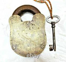 Vintage Old Antique Rare Handmade Crown Seal Engraved Thief Proof Brass Lock Key