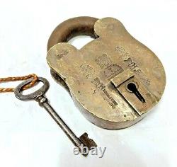 Vintage Old Antique Rare Handmade Crown Seal Engraved Thief Proof Brass Lock Key