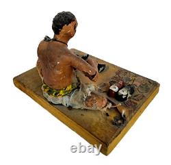 Vintage Old Antique Terracotta Handcrafted Lacquer Painted Cobbler Statue Wooden