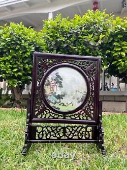 Vintage Old Chinese Wood Lacquerware Revolving Screen Double Pictures Landscape