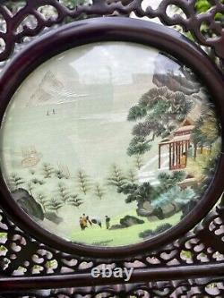 Vintage Old Chinese Wood Lacquerware Revolving Screen Double Pictures Landscape