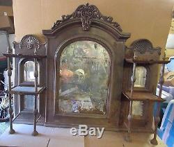 Vintage Very Old Cast Iron Fireplace Over Mantle Mirror with Two Tier Shelves