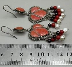 Vintage antique old solid Silver Earrings with Afghan coral stone