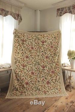Vintage crewelwork wool bedspread bed cover spread French old coverlet 88X66