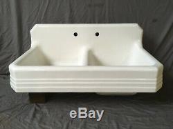 Vtg 43 Cast Iron White Porcelain Double Basin Old Art Deco Kitchen Sink 129-19E