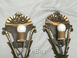 Vtg Brass Art Deco Sconce Pair Black Tip Glass Slip Shades Old Lights 185-19E