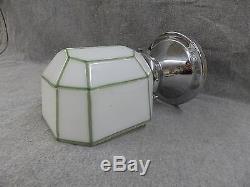 Vtg Chrome Brass Sconce Milk Glass Shade Green Lines Old Art Deco Light 2230-16