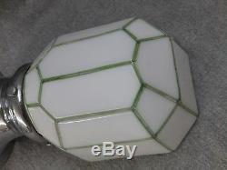 Vtg Chrome Brass Sconce Milk Glass Shade Green Lines Old Art Deco Light 2230-16