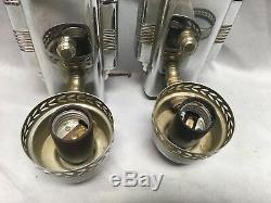 Vtg Chrome Brass Sconce Pair Cylinder Milk Glass Shades Old Art Deco 227-18E