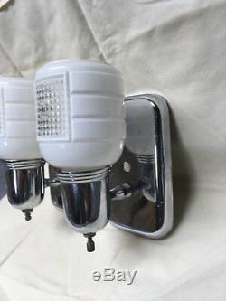 Vtg Chrome Brass Sconce Pair Old Glass Cup Slip Shades Art Deco Fixtures 311-17E