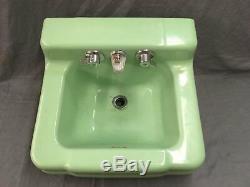 Vtg Jade Green Porcelain Cast Iron Shelf Back Sink Old Bath Salavge 754-17E