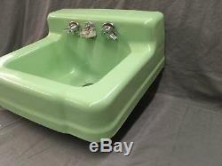 Vtg Jade Green Porcelain Cast Iron Shelf Back Sink Old Bath Salavge 754-17E