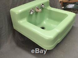 Vtg Jade Green Porcelain Cast Iron Shelf Back Sink Old Bath Salavge 754-17E