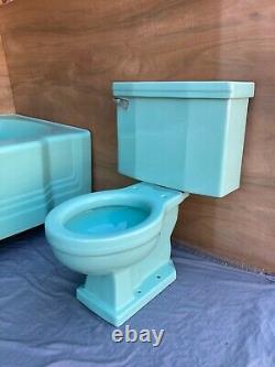 Vtg Mid Century Deco Jadeite Ming Green Bathroom Set Old Tub Sink Toilet 123-21E