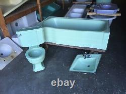 Vtg Mid Century Deco Pale Jadeite Green Bathroom Set Old Tub Sink Toilet 438-20E