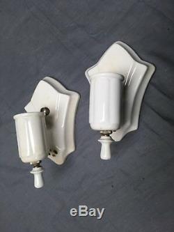 Vtg Pair Ceramic White Porcelain Sconce Light Fixtures Old Bathroom Chic 285-17E